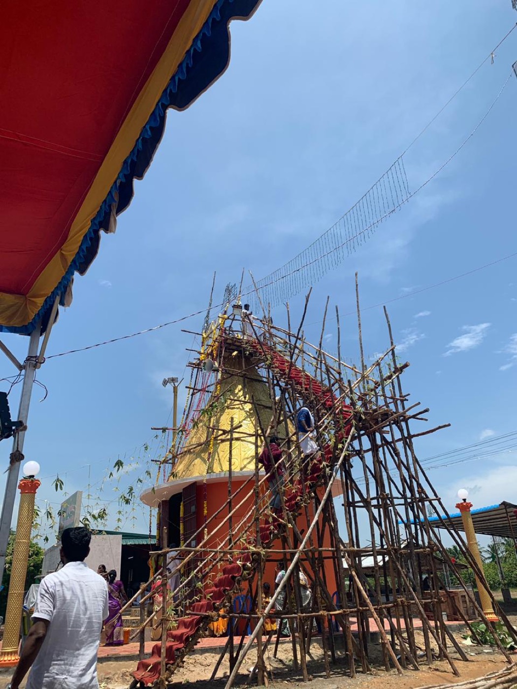 Temple tower scaffolding during Kumbabishekam